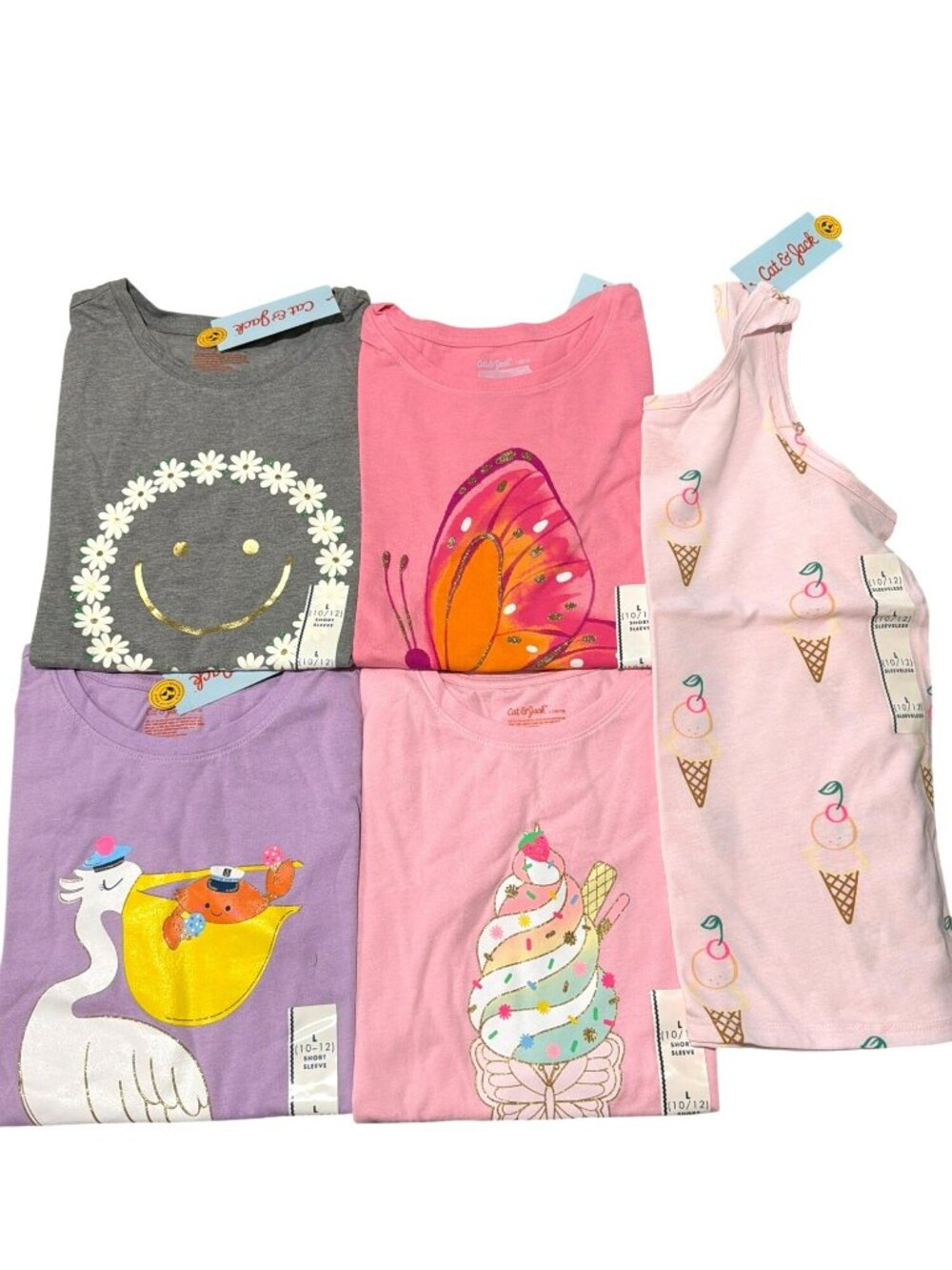 New Set Of 5 Cat & Jack Girls T-Shirts & Tank Size Large 10/12 Graphic Prints